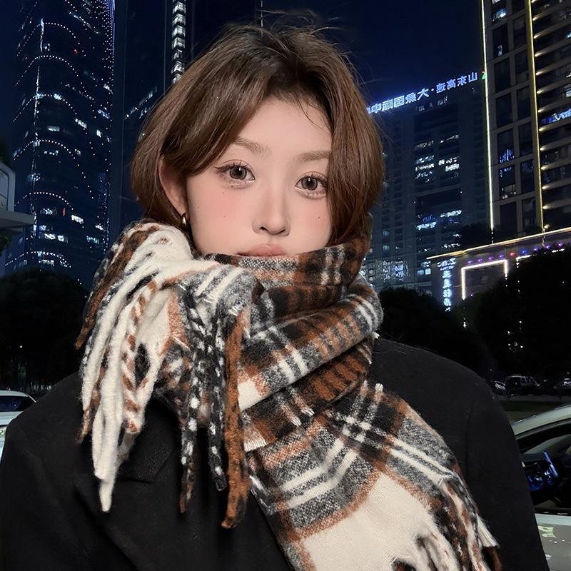 Atmosphere blue coffee plaid scarf women's new warm versatile plaid scarf student couple thickened shawl