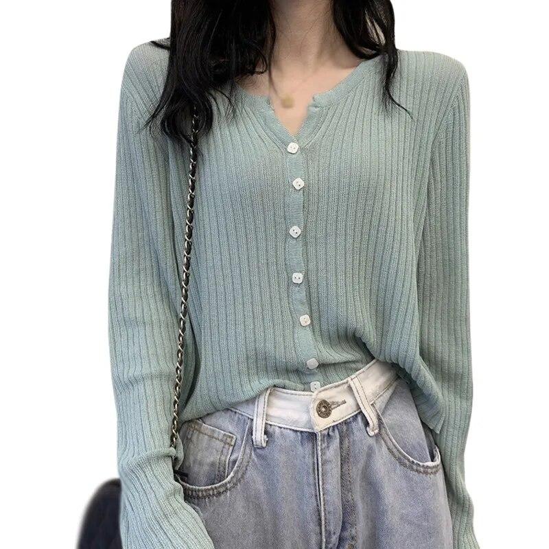 

Женский однотонный повседневный вязаный солнцезащитный кардиган с длинными рукавами и v-образным вырезом на пуговицах One Size