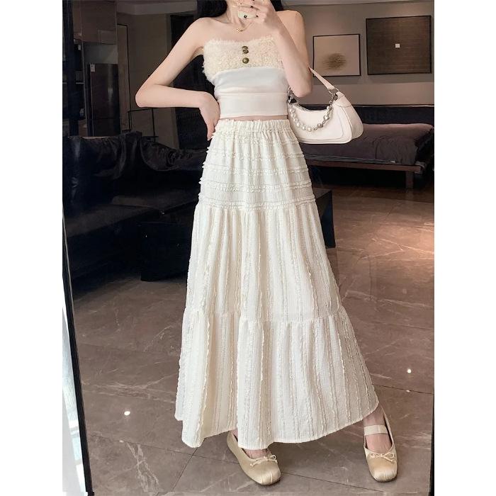 

Summer women s clothing high-waisted A-shaped skirt, thin casual versatile skirt, long skirt, medium and long A-shaped ruffle leaf edge cake skirt 2XL