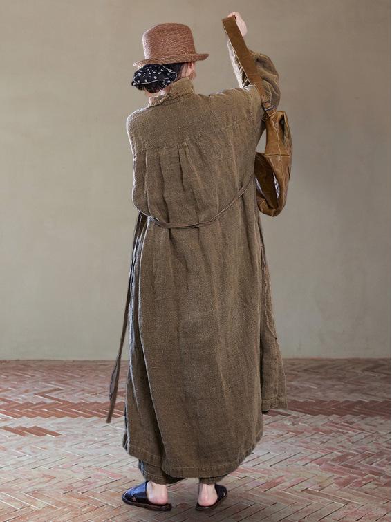 Autumn Barn Wind Trench Coat: Incense Color Ramie Cotton Long Sleeve Versatile Dress Coat C0930