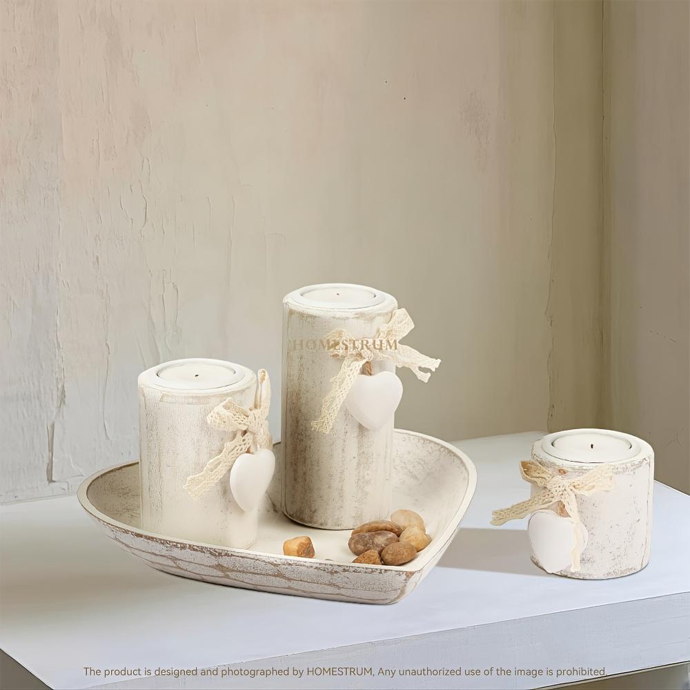 4pcs White Wooden Candlestick Set, Tea Lamp Candlestick Set, Jute Rope Bow Decoration and Decorative Stones, Heart Tray Decorative Bowl, Jewelry Tray