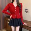 Frühlings Meerjungfrauen Saum Strickjacke Top Damen Neu Koreanische Mode Langarm Perlenverschluss V-Ausschnitt Pullover Jacke Damen