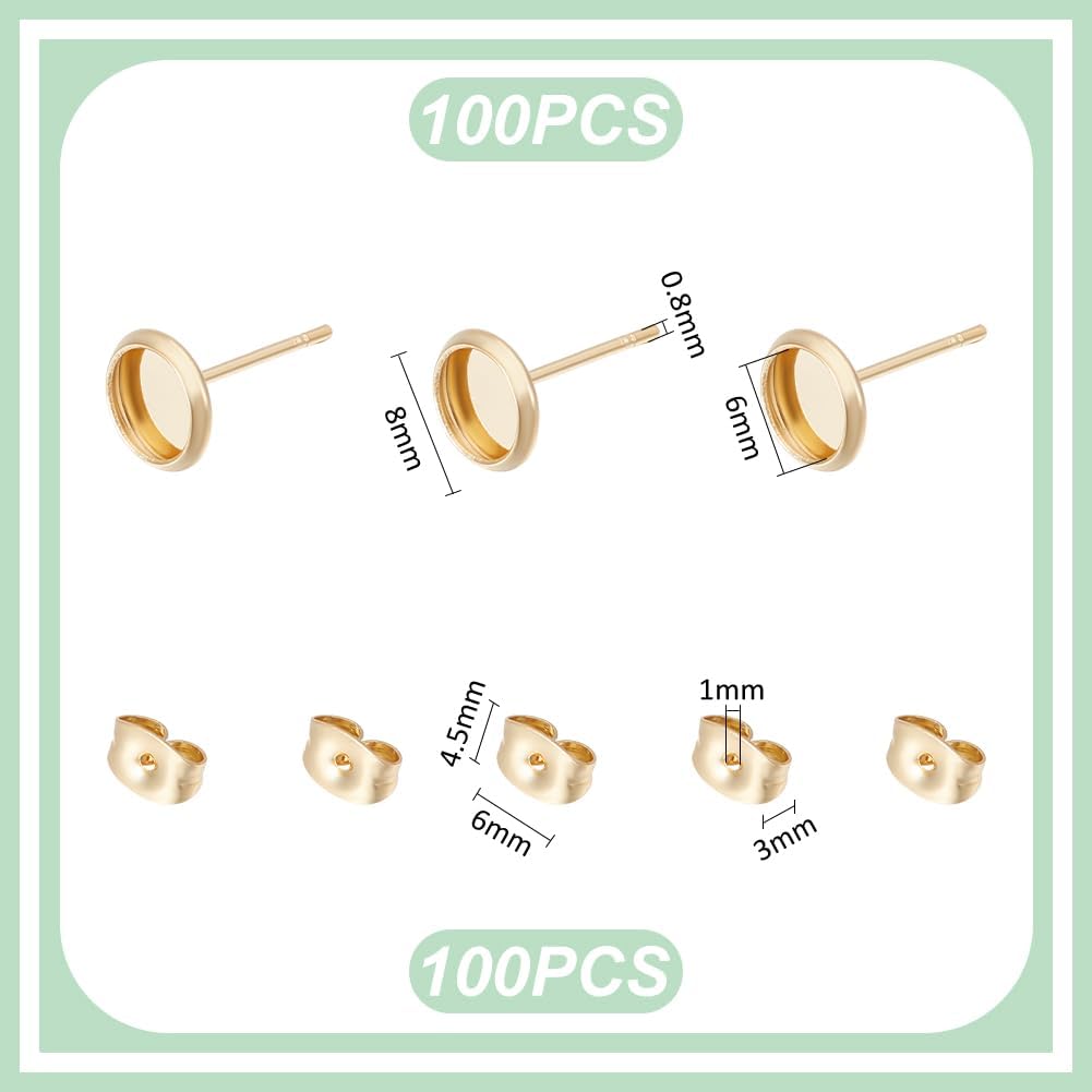 UNICRAFTALE 100pcs 18K Gold Plated Blanks Stud Earring 6mm Round Cabochon Earring Bezels Trays Post Stainless Steel Earring Studs Stud Findings with