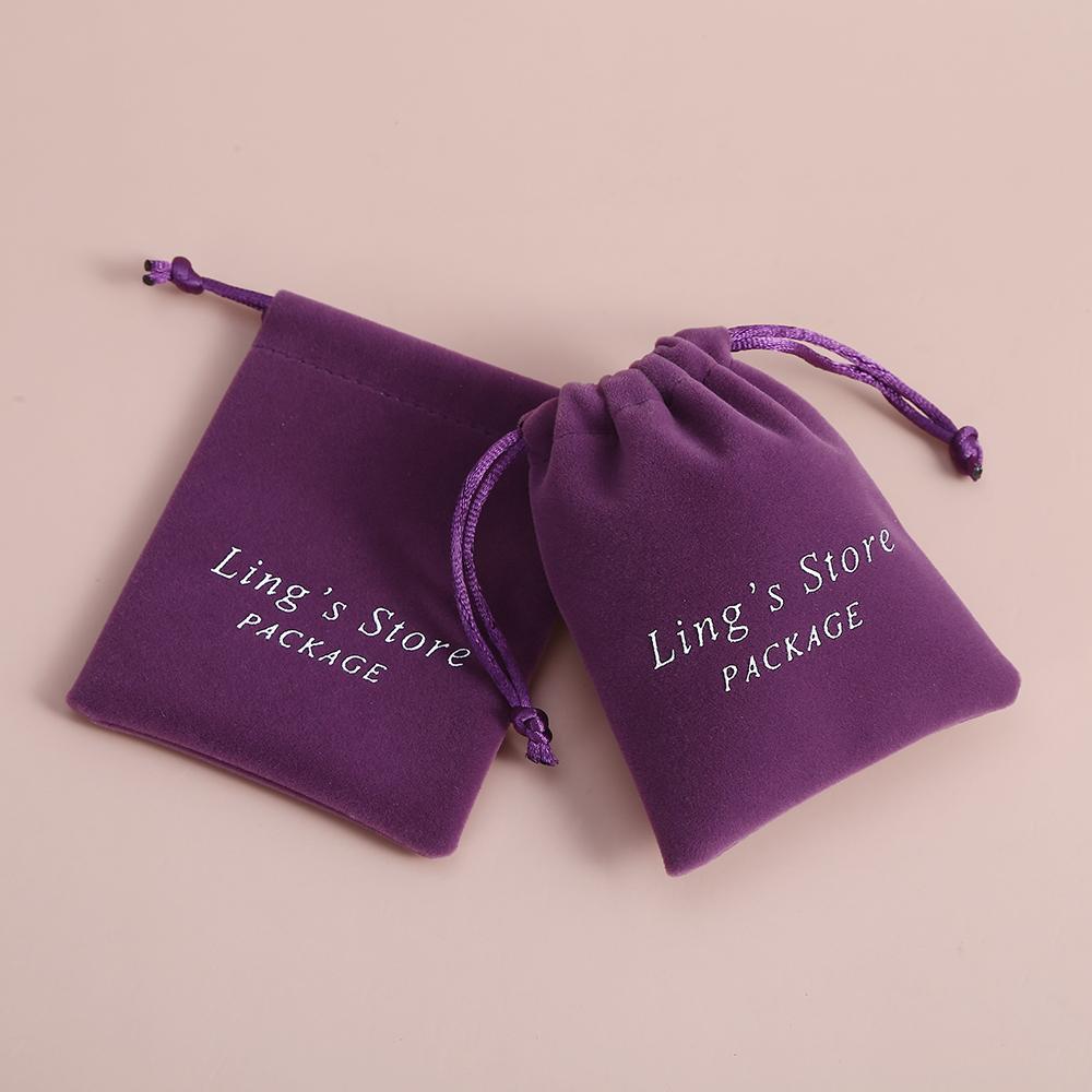 50Pcs Personalized Logo Beige Jewelry Drawstring Bag Thick Velvet Pouch Boutique Cosmetic Wedding Favors Candy Organizer Pockets