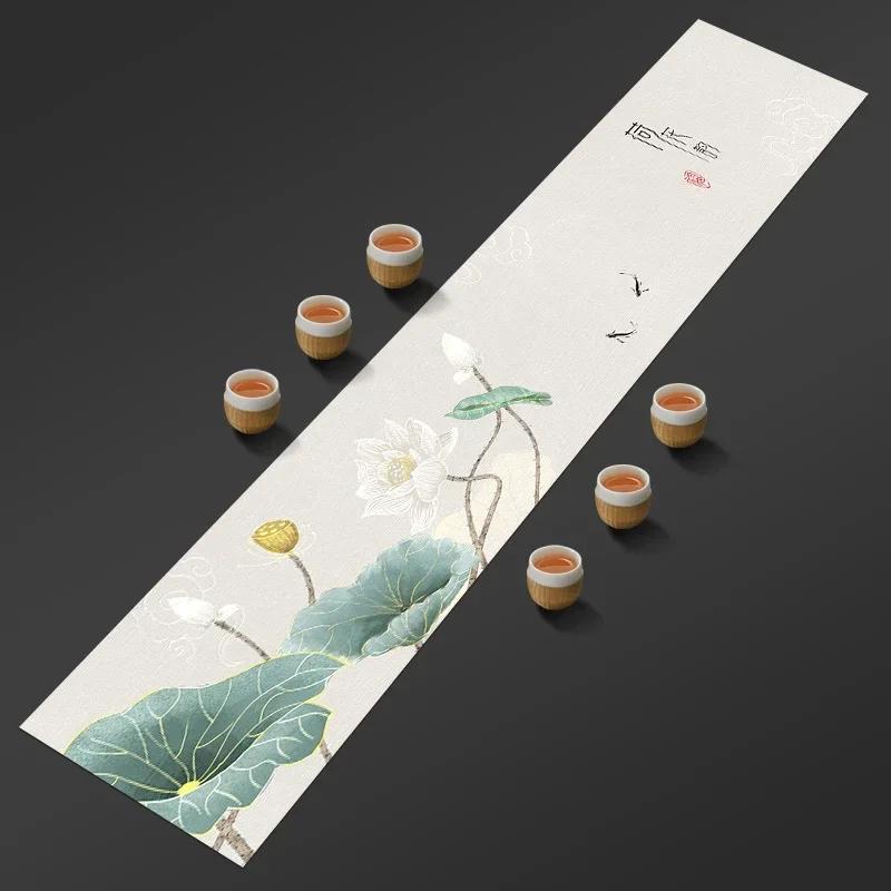 

Chinese Lotus Pattern Table Runner Water-Repellent Coffee Table Cloth Decorative Cotton Linen Tea Mat Tea Ceremony Accessories 32x120cm