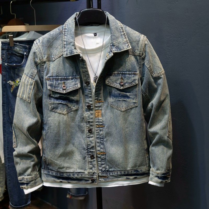 Lapel Motorcycle Denim Jacket Men's Personality Retro Slim Fashion American Casual Denim Top
