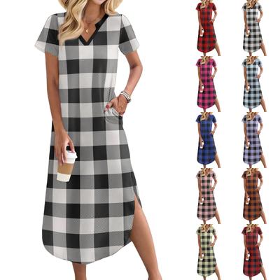 Women's Casual Comfortable V Neck Loose Hem Split Vacation Short Sleeve Plaid Long Dresses
