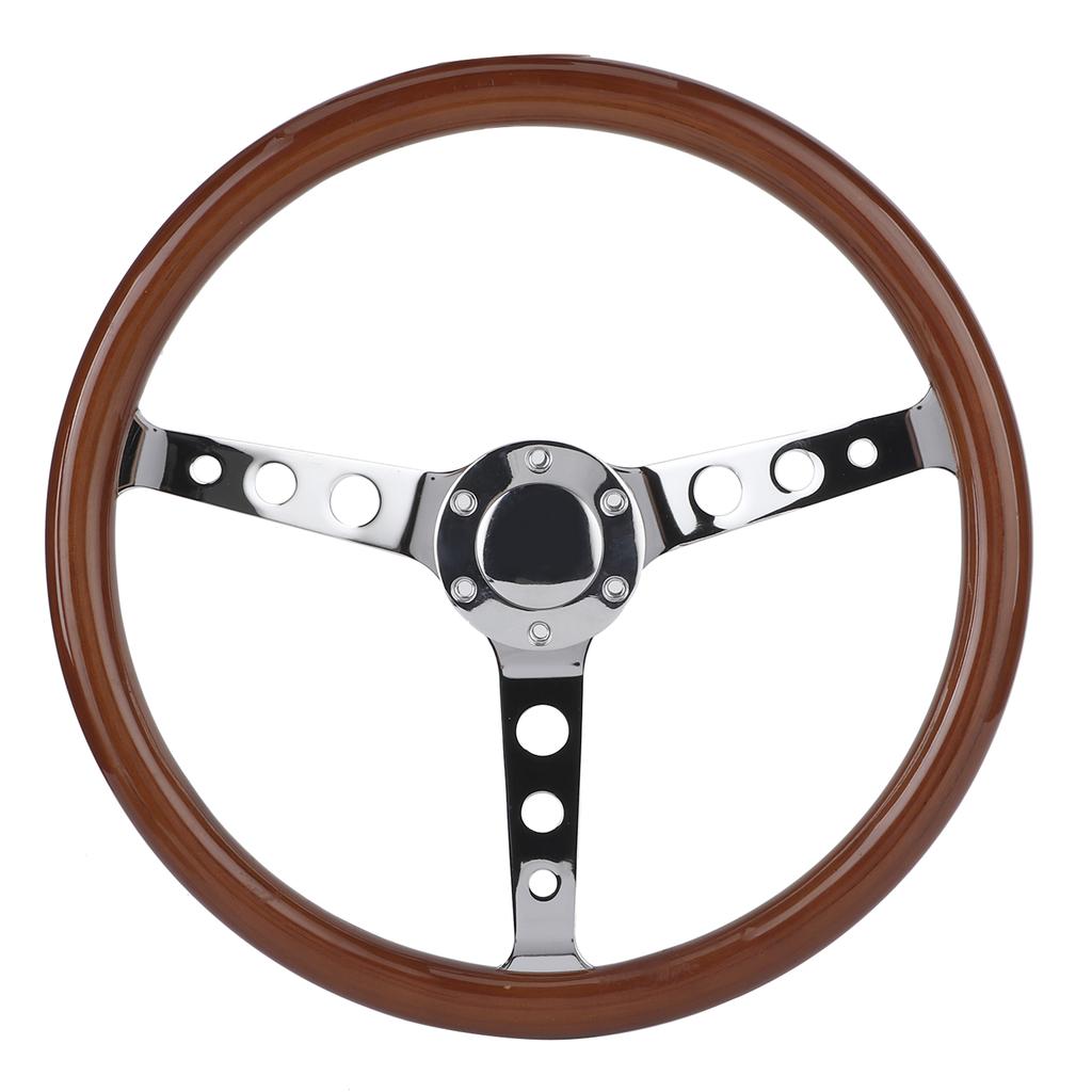 15in 6 Hole Steering Wheel Retro Mahogany Wood Grip Stainless Steel Spoke with Horn Cover Cable