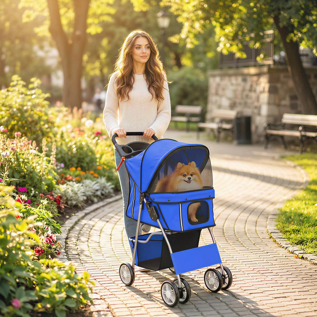 Dog Pram, Pet Stroller with Reflective Strips, Foldable Cat Stroller with 360 Degrees Swivel Wheels, Blue