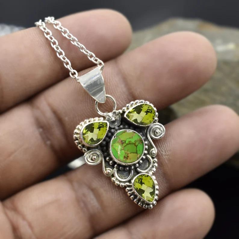 Natural Peridot & Green Copper Turquiose Gemstone Necklace 925 Sterling Silver Necklace Handmade Wedding Christmas Jewelry Necklace - 10.5 Wt Aprox