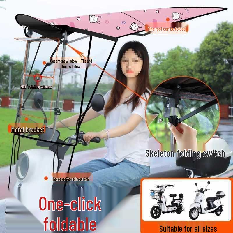 Electric Vehicle Detachable Folding Awning: Retractable Sunshade, Windproof & Rainproof for Pedal Motorcycles.
