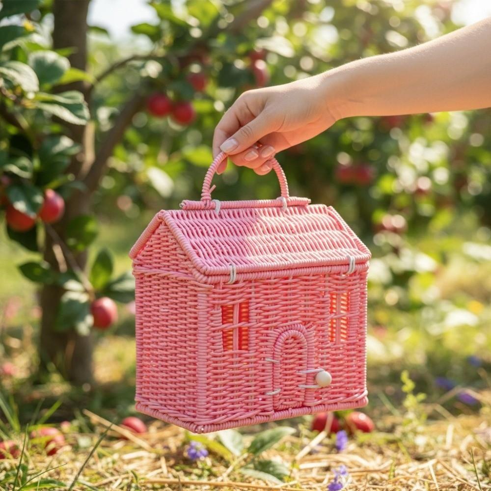 House Shaped Rattan Picnic Basket With Handle Clutter Organizer  Wedding Ceremony