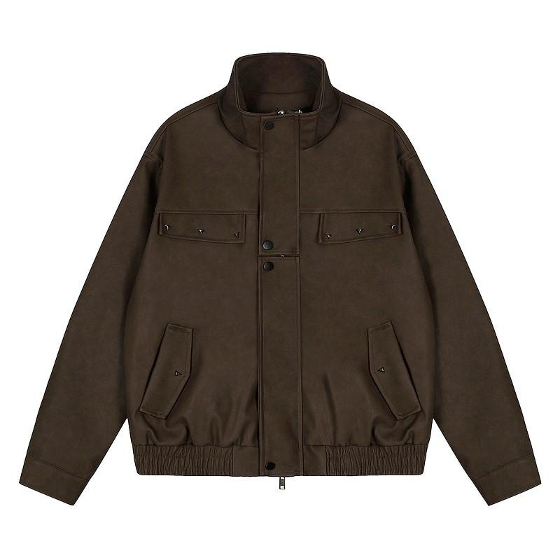 Unisex Oversized PU Leather Jacket With Stand Collar Casual Lightweight Outerwear Fall