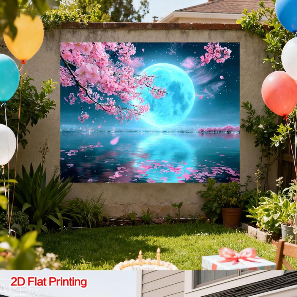 2D Plane the Cherry Blossom Lake Scenery Under the Moonlight Is Very Suitable for Both Indoor and Outdoor Use Polyester Fiber