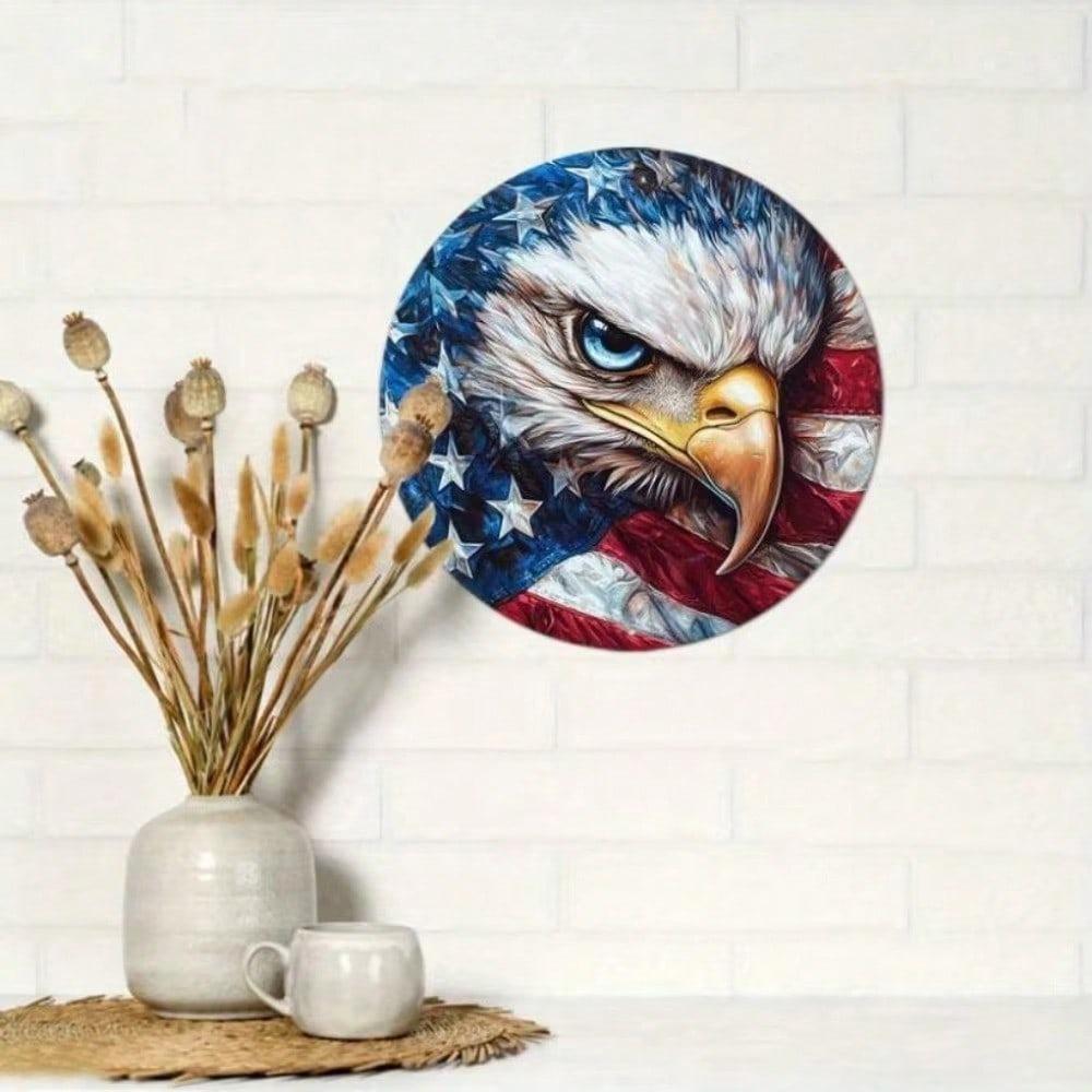 American Flag Eagle Round Tin Sign 8x8 Inch Wall Art Office Home Fall Halloween Christmas Decor Gift
