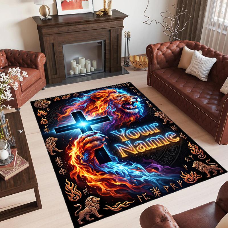 Lion Tiger Theme Crystal Velvet Rug Personalized Custom Name Text Soft Floor Mat Home Decor
