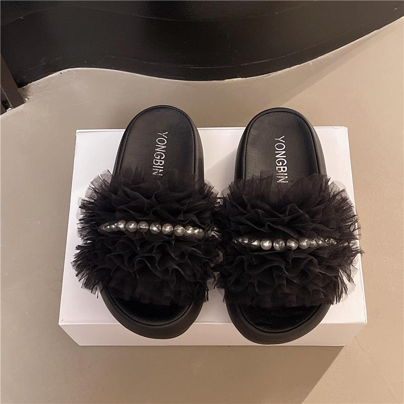 Mesh casual pearl cool slippers women's summer wear small soft bottom comfortable height increase fairy style one-word slippers