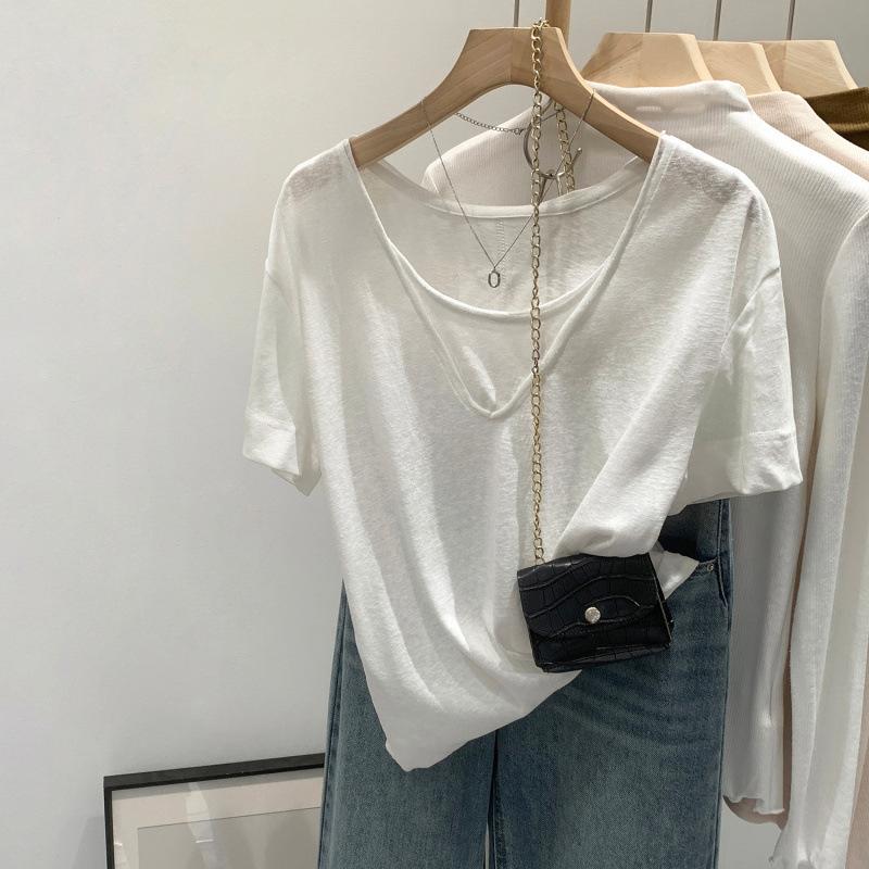 Women s White Double Layer V-Neck Short Sleeve T-Shirt S белый