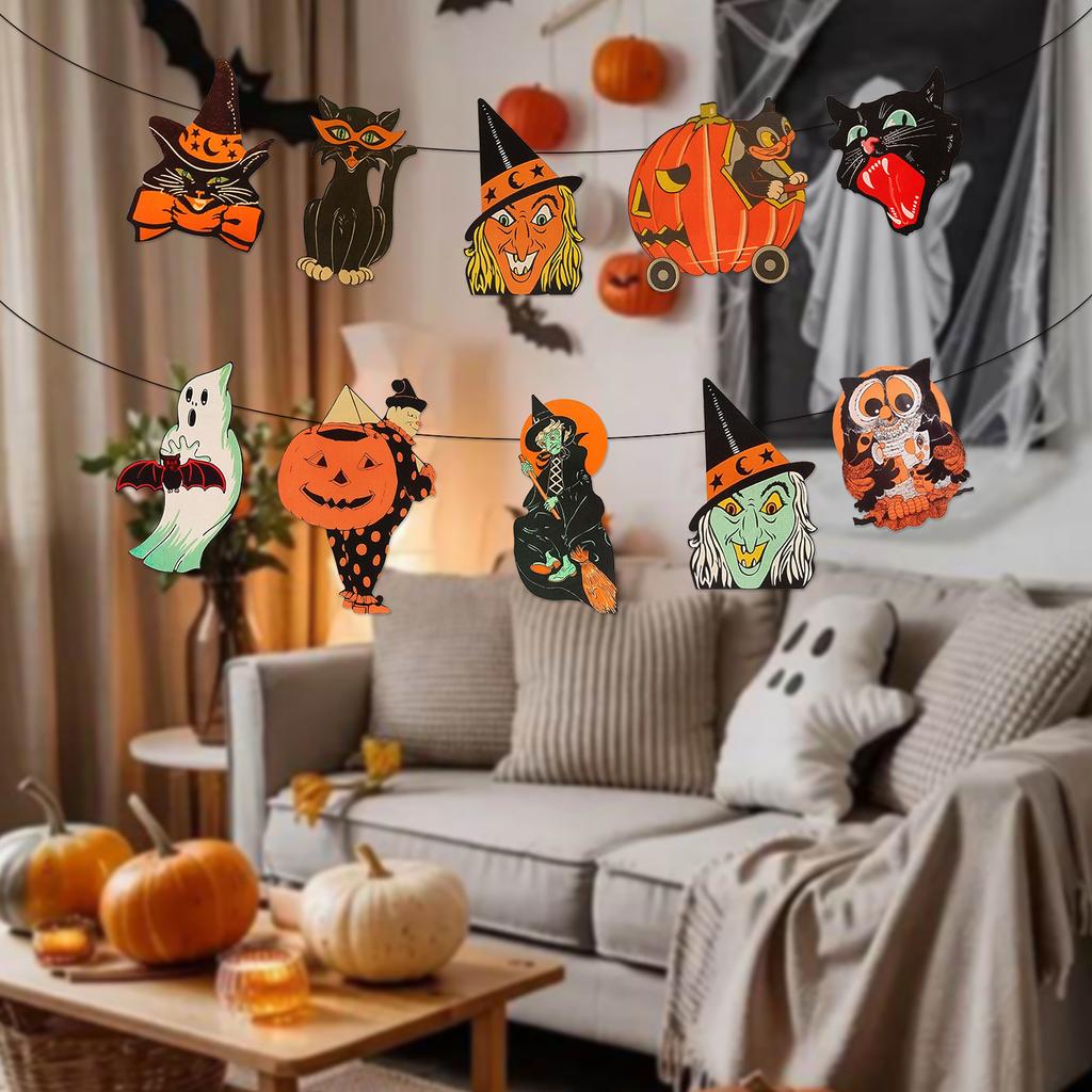 Vintage Halloween Pumpkin Black Cat Witch Owl Hanging Banners Decorations Halloween Trick or Treat Home Wall Party Festival Room