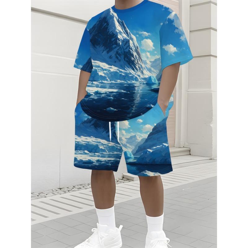 Men s Summer 3D Iceberg Print Set: Blue Ocean Graphic Tee & Matching Shorts. Loose Fit Big Size for Beach Holiday S разноцветный