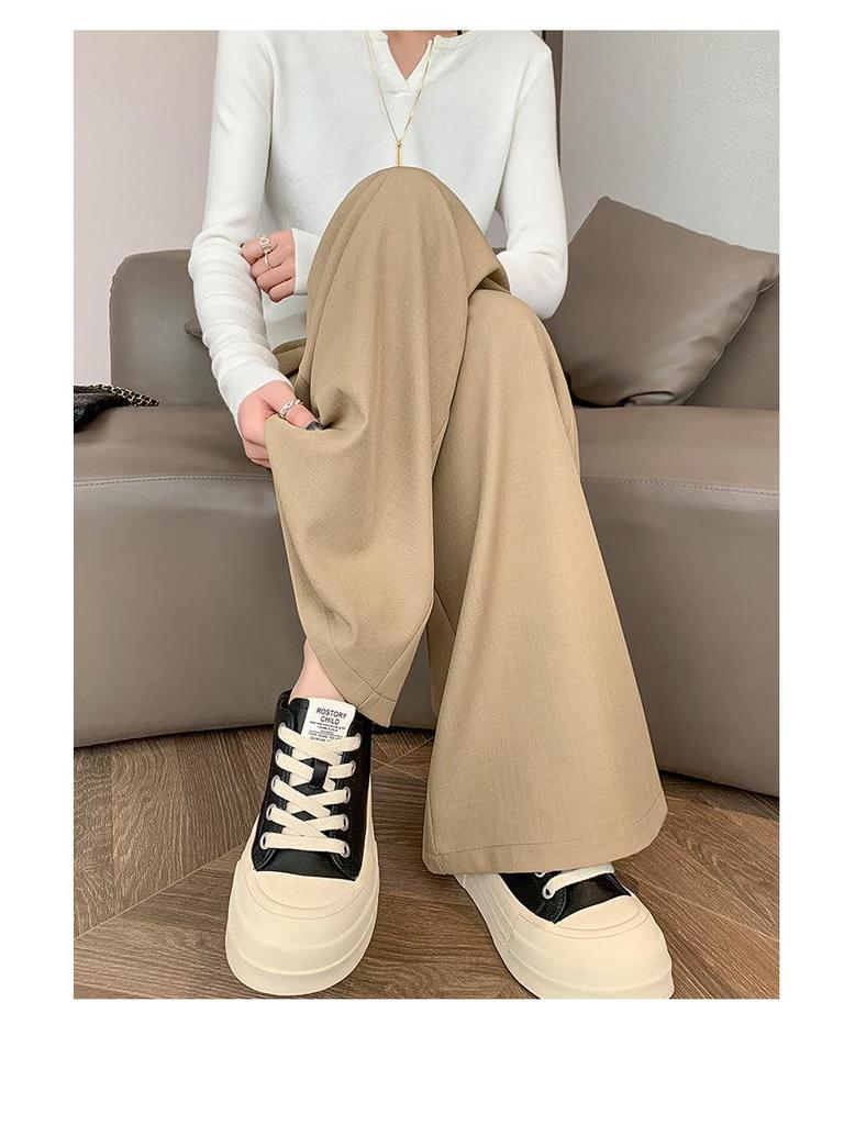 Women's Retro Minimalist Wide-Leg Khaki Suit Pants with Old Money Style Leather Belt