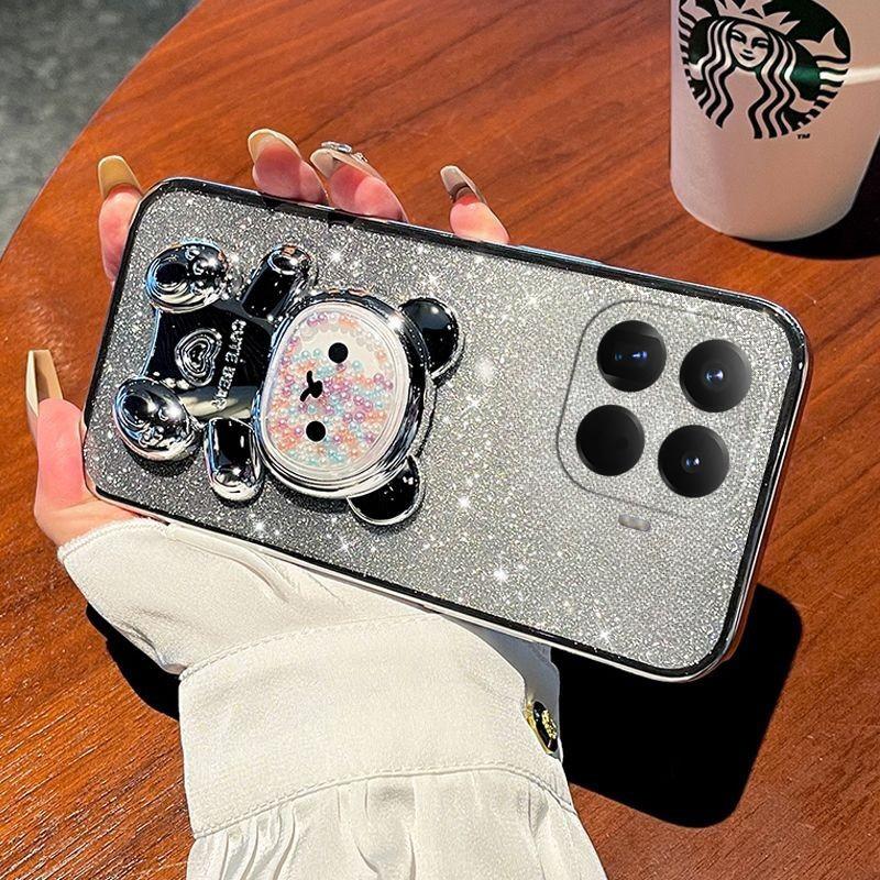 For Xiaomi 17T Pro Case with Gradient 3D Bear Folding Stand Bracket Luxury Slim Plating Glitter Girls for Xiaomi 17T Back Cover