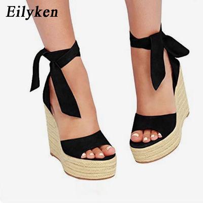 Women Summer Butterfly Knot Solid Black Open Toe Sandals Fashion Platform High Heel Wedge Shoes Ankle Bowtie Dress Pumps