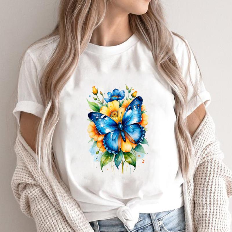 (Asian Size) Print Short Sleeve T-shirts butterfly style Fashion Female Casual Women's Top T Clothing O-neck Graphic Tee