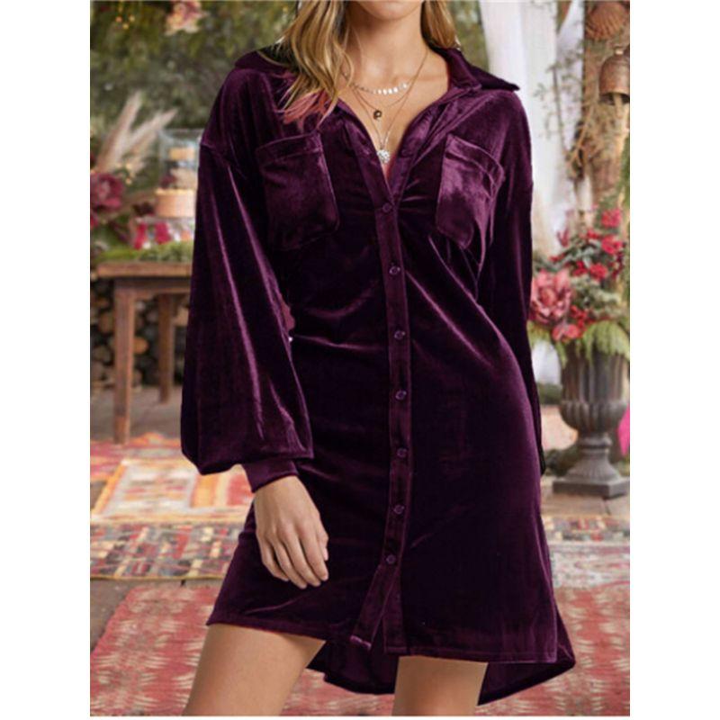 

European and American Sexy Slim fit Velvet Long sleeve Shirt Dress Dress Short dress Sexy Velvet Shirt Dress Dark purple M