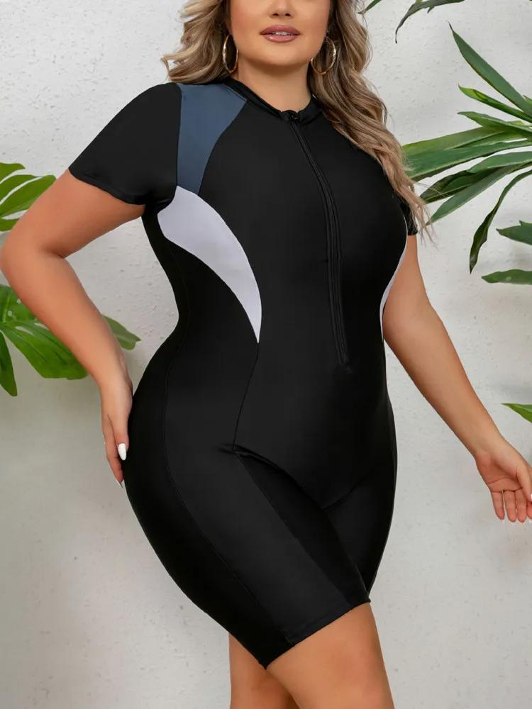Solid Plus Swimwear 2025 Size Women Short Sleeve Large One Piece Swimsuit Lady Patchwork Big Swimwear Curvy Chubby Bathing Suit