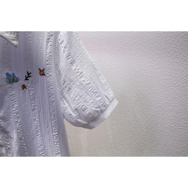 Women's White Butterfly Floral Embroidered Textured Short Sleeve Button Down Shirt Casual Blouse