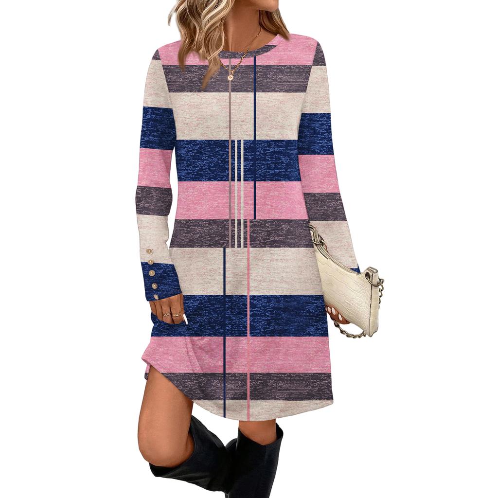 Rochie Casual de Damă la Modă Cu Buzunar, Nasturi Decorativi, Gât Rotund și Mâneci Lungi