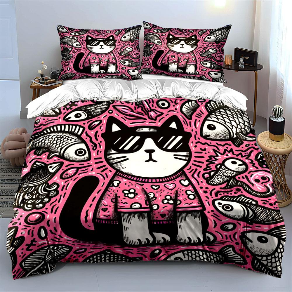 Cool Cat Outfit for Summer Vibes Exquisite Three-piece Bedding Set Gift for Kids and Adults