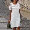 Women's Summer Beach Short Dresses Short Sleeve Round Neck Lace Mini Dress Casual Loose Cotton Linen Sundress