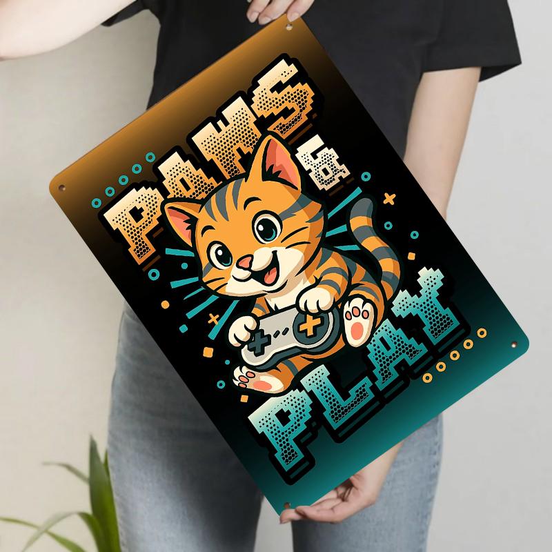 Cute Cartoon Cat Gaming Controller Metal Tin Sign Retro Pixel Art Home Decor for Kids Room Bedroom Wall Hanging