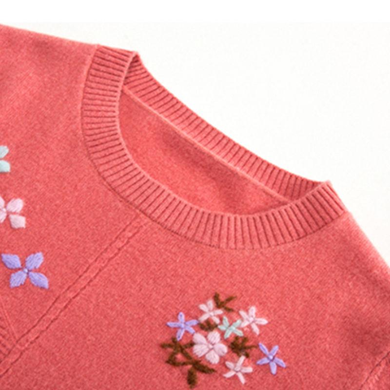 Spring Autumn Women's Crewneck Sweater Embroidered Loose Plus Size Knitwear Pullover Stretch Knit Top