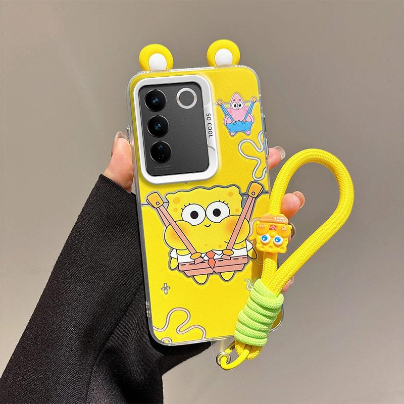 KEYSION Cute Ear Cartoon Case for VIVO V27 5G with Lanyard Soft Silicone+PC Shockproof Phone Back Cover for VIVO V27 5G