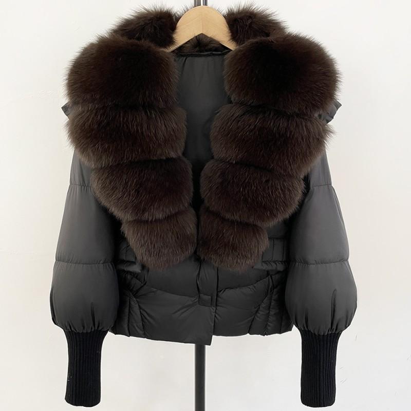 Womens Short Puffer Coat With Real Fox Fur Collar Winter Warm Down Jacket Loose Fit Small Stature