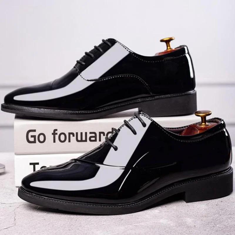 Patent Leather Shoes for Men Oxfords Lace Up Male Wedding Party Office Work Shoes Elegant Designer Brand Dress Shoes for Man