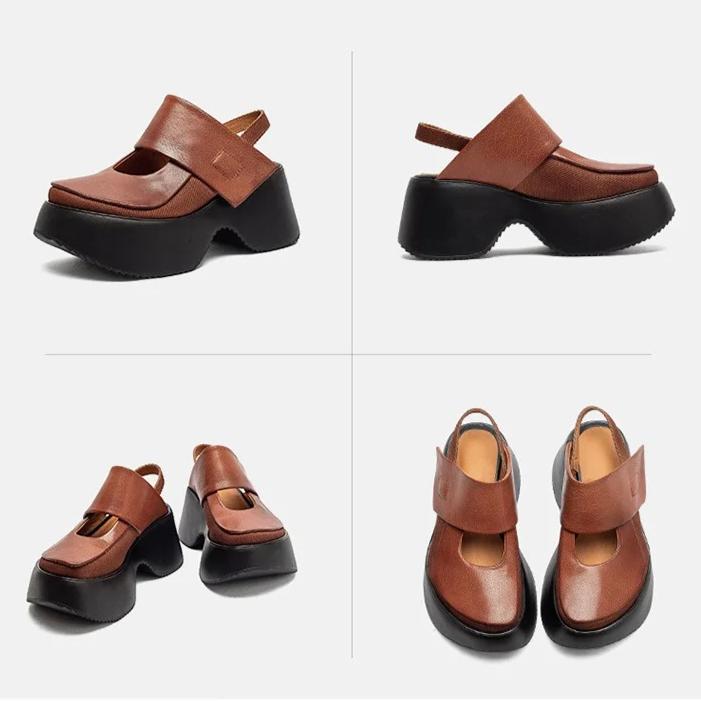 Johnature Sandale Retro cu Vârf Rotund și Talpă Groasă Versatile din Piele Naturală cu Toc Gros Pantofi cu Platformă pentru Femei