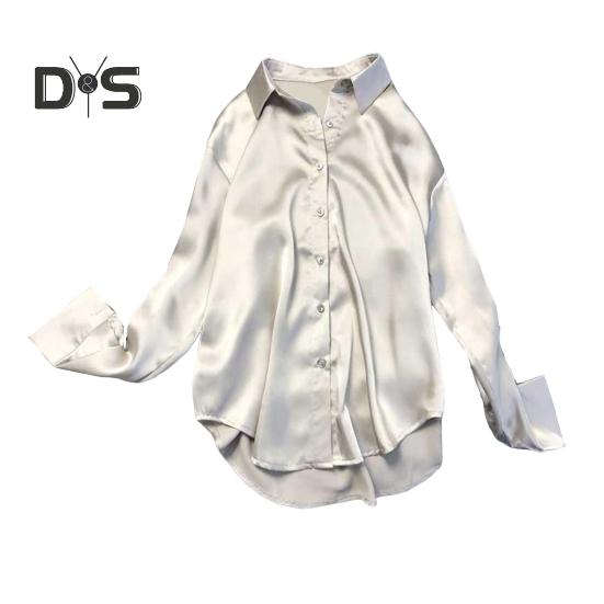 Damen-Hemd mit Revers, langärmelig, Pendler-Freizeithemd, einfarbig, lockere Passform, glattes Satin, Bürohemd für den Alltag