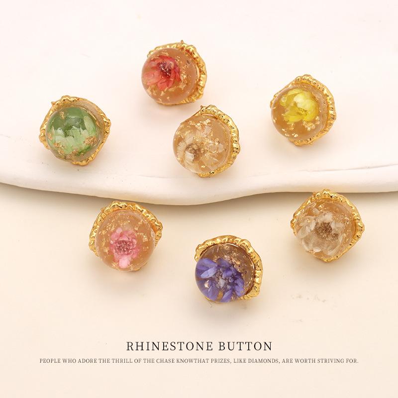 5pcs Gold Foil Dried Flower Glass Buttons Round Beads Accessories Chinese Cheongsam Hanfu Sweater Cardigan Buttons
