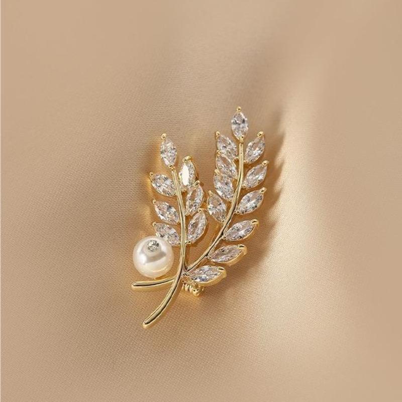 Pearl Diamond Wheat Ear Leaf Brooch Light Luxury High-end Corsage Anti-light Exquisite Suit Sweater Accessories Women
