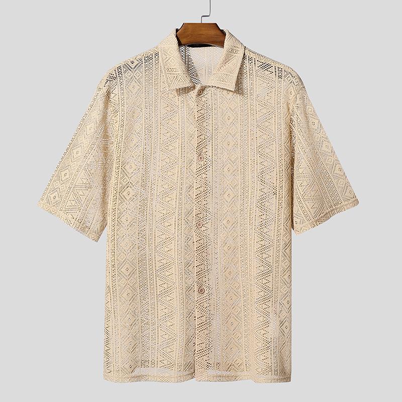 

INCERUN Мужские повседневные рубашки оверсайз с коротким рукавом, кружевные, с ажурным вязанием крючком 2XL хаки