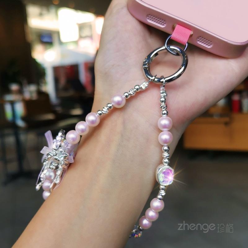 High-end Gemstone Butterfly Pearl Mobile Phone Chain Ins Fashion Women's Wrist Pendant Beaded Chain Short Style