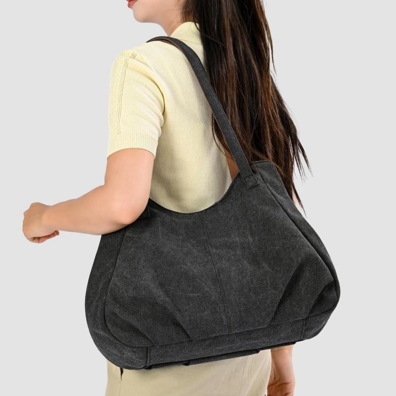 Lässige Canvas-Tragetasche mit gefaltetem Frontdesign Lange Schultergurte Große Kapazität Shopper-Tasche für den täglichen Gebrauch