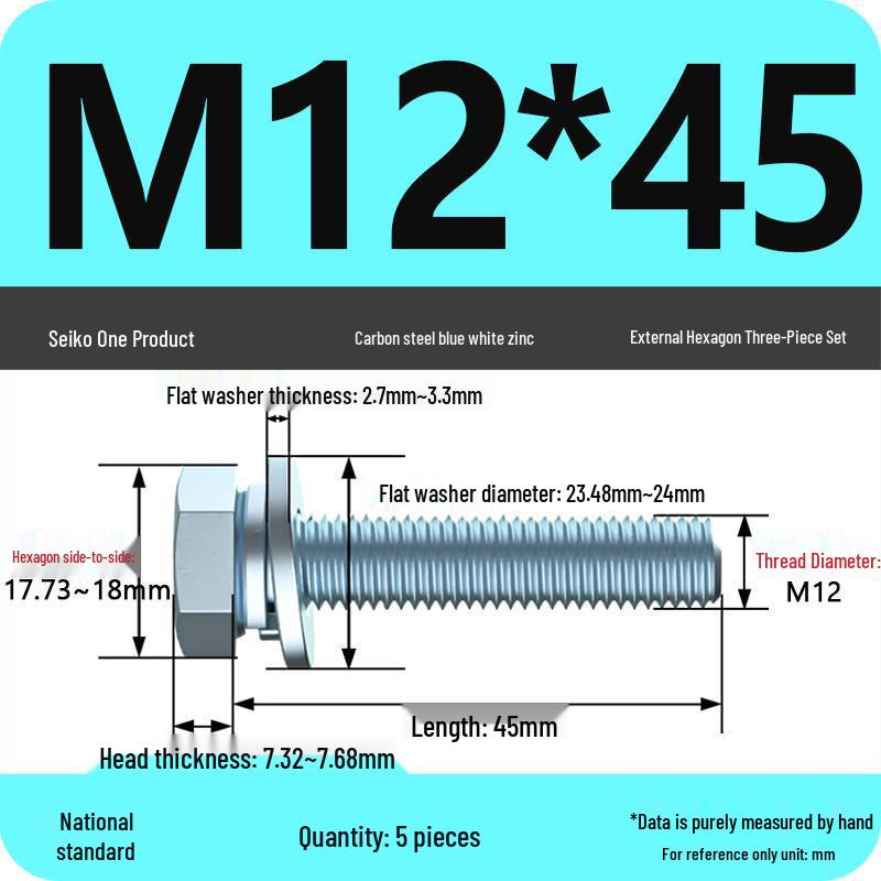 Grade 8.8 Galvanized Hex Bolt Set: Includes Hex Bolt, Spring Washer, Flat Washer (Sizes: M4, M5, M6, M8, M10, M12)