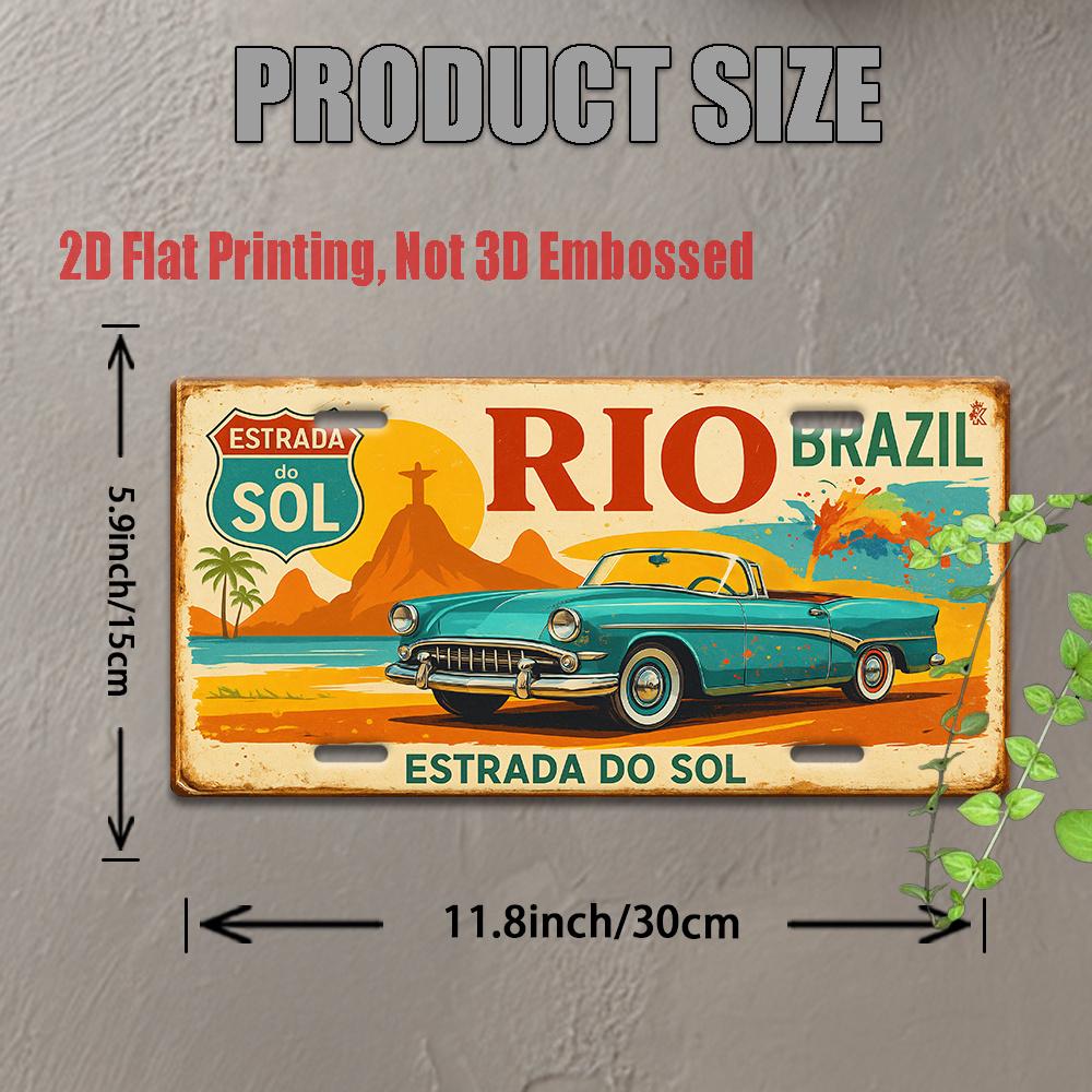 D Flat Piece Vintage Metal License Plate RIO Brazil Aluminum Sign with Christ Statue and Classic Car Suitable for Home Cafe