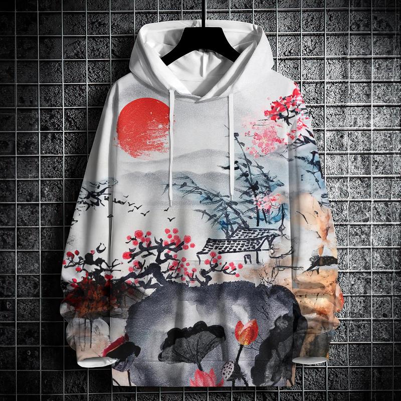 

Осенние толстовки с капюшоном для мужчин с 3D-принтом пейзажа, уличный дизайнер, свободный свитер большого размера с длинными рукавами, осенняя модная мужская одежда S