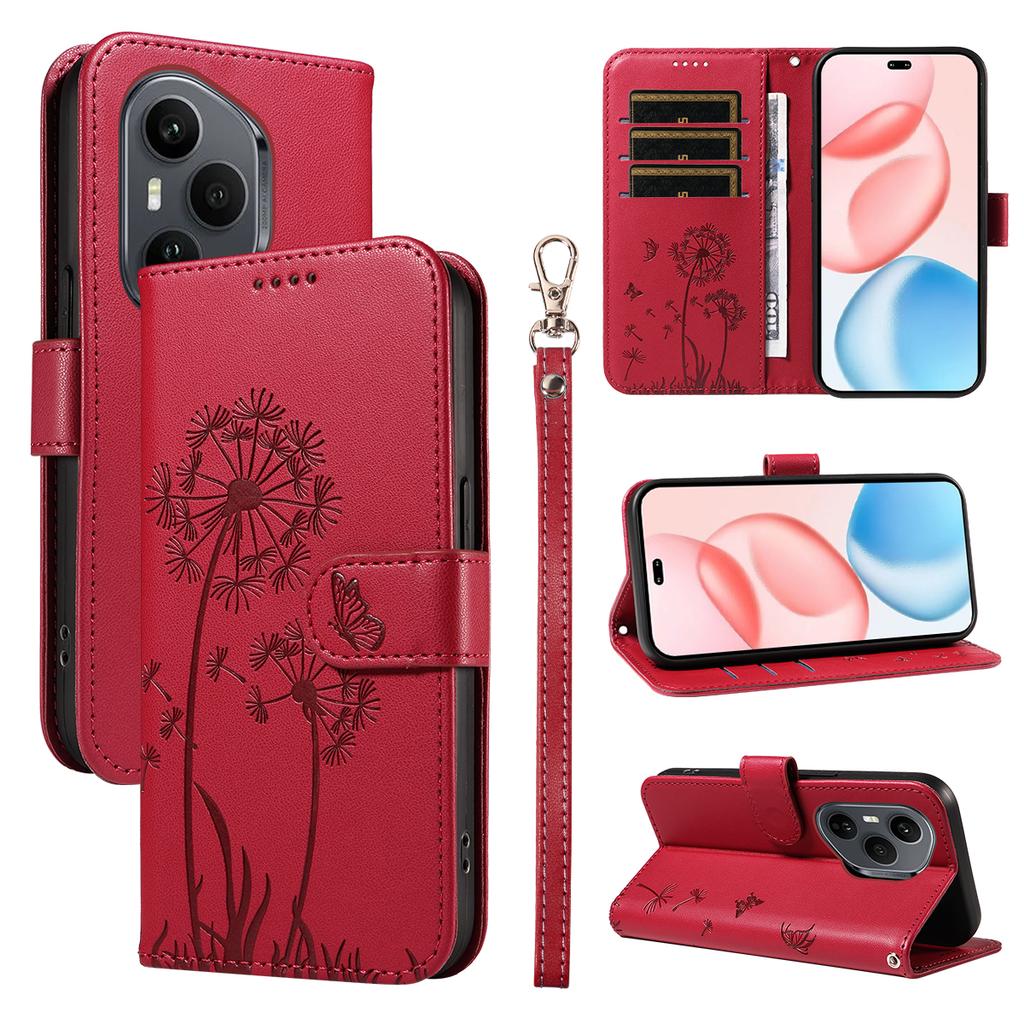 For Honor 400 Pro 5G (Global) Lommebokdeksel i lær med stropp Løvetannavtrykk Telefonstativdeksel